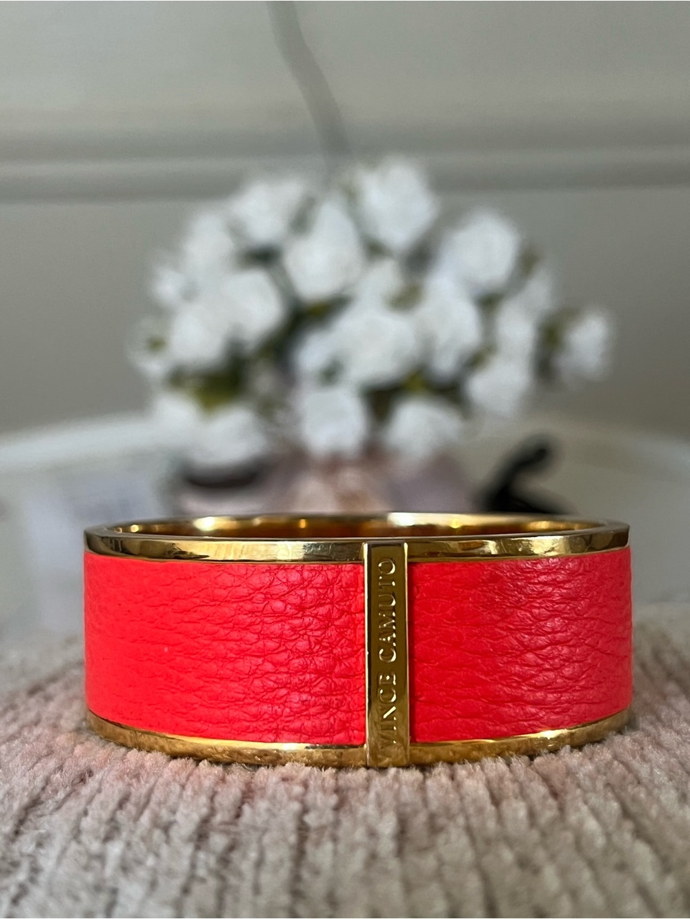 Vince Camuto Neon Coral Pink Leather Gold Tone Cuff Statement Bangle Designer
